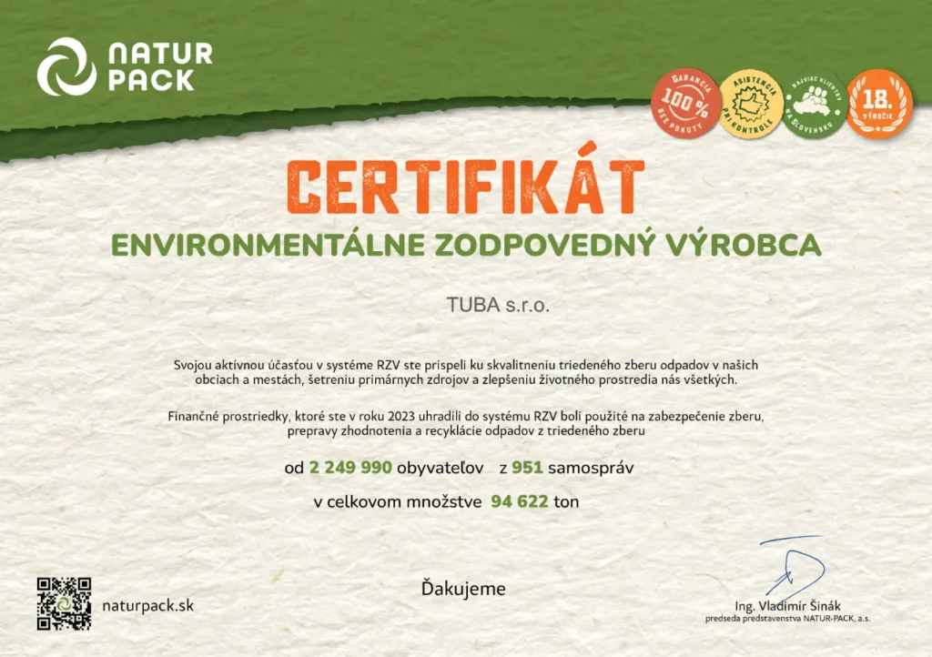 Certifikát environmentálne zodpovedného výrobcu